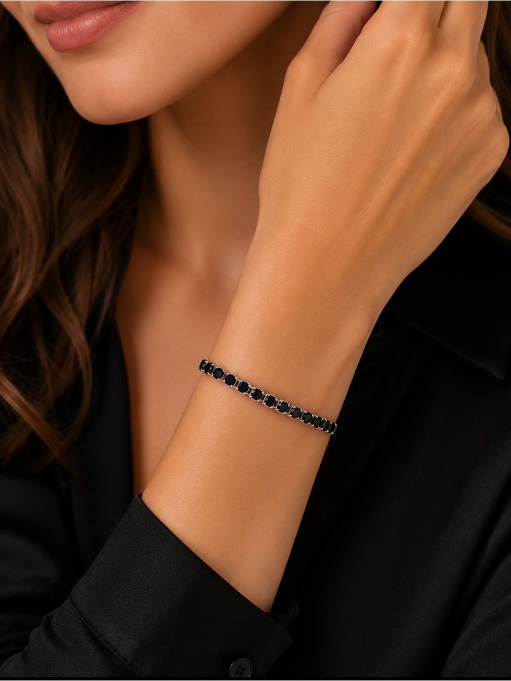 NEW!! 14k White Gold Plated tennis bracelet with black stones